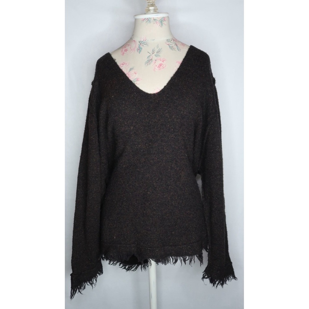 Free People Irresistible V Neck Frayed Hem Oversized Sweater Black Women's Small